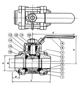 三片式高平臺焊接(對焊)球閥尺寸圖